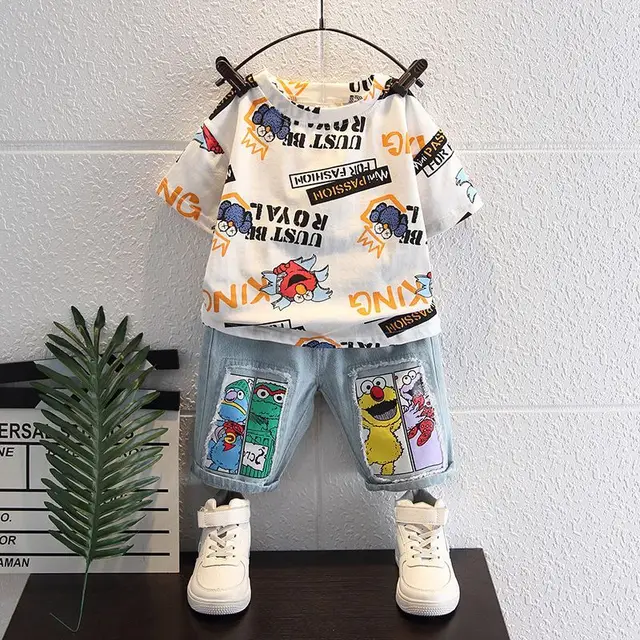 T-shirt et short en jean pour filles de 3 à 11 ans, ensembles de vêtements kawaii pour l'école, cool, 90-145cm, mignon pour garçon 1