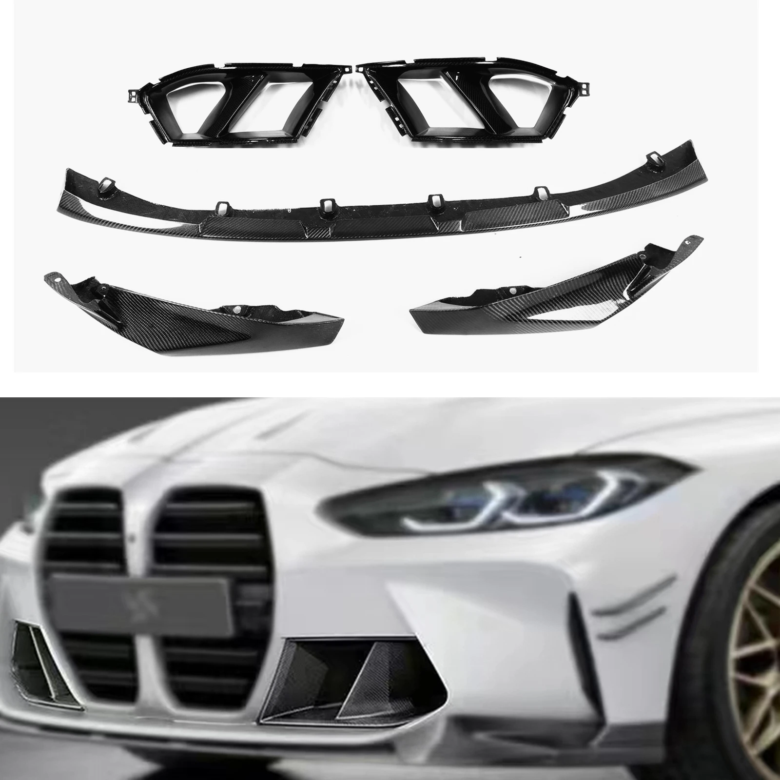 

Car Front Bumper Side Air Vent Intake Trim Fog Light Cover + Spoiler Lip Splitter For BMW G80 M3 G82 G83 M4 2021-2024