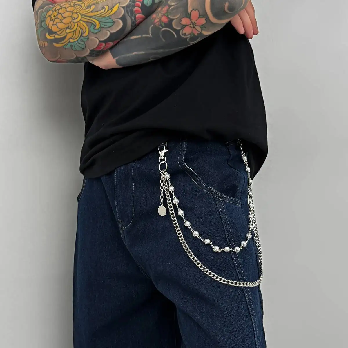 Salircon Hip Hop Punk Imitation Perlen Jeans Hosen Schlüsselbund für Männer Gothic Perlen Hosen Kette Straße Harajuku Schmuck Zubehör – Detail 4