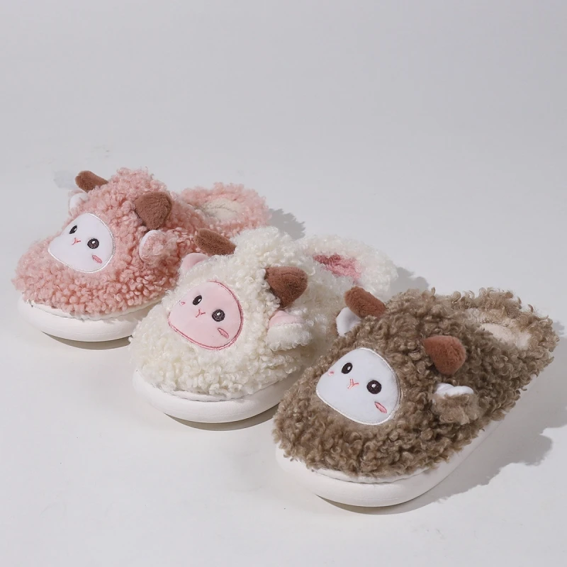 Autumn Winter Women Cute Sheep Slippers Females Home Indoor Fluffy Warm Slides Men Plush Cartoon Flip Flops Couples Soft Shoes 2