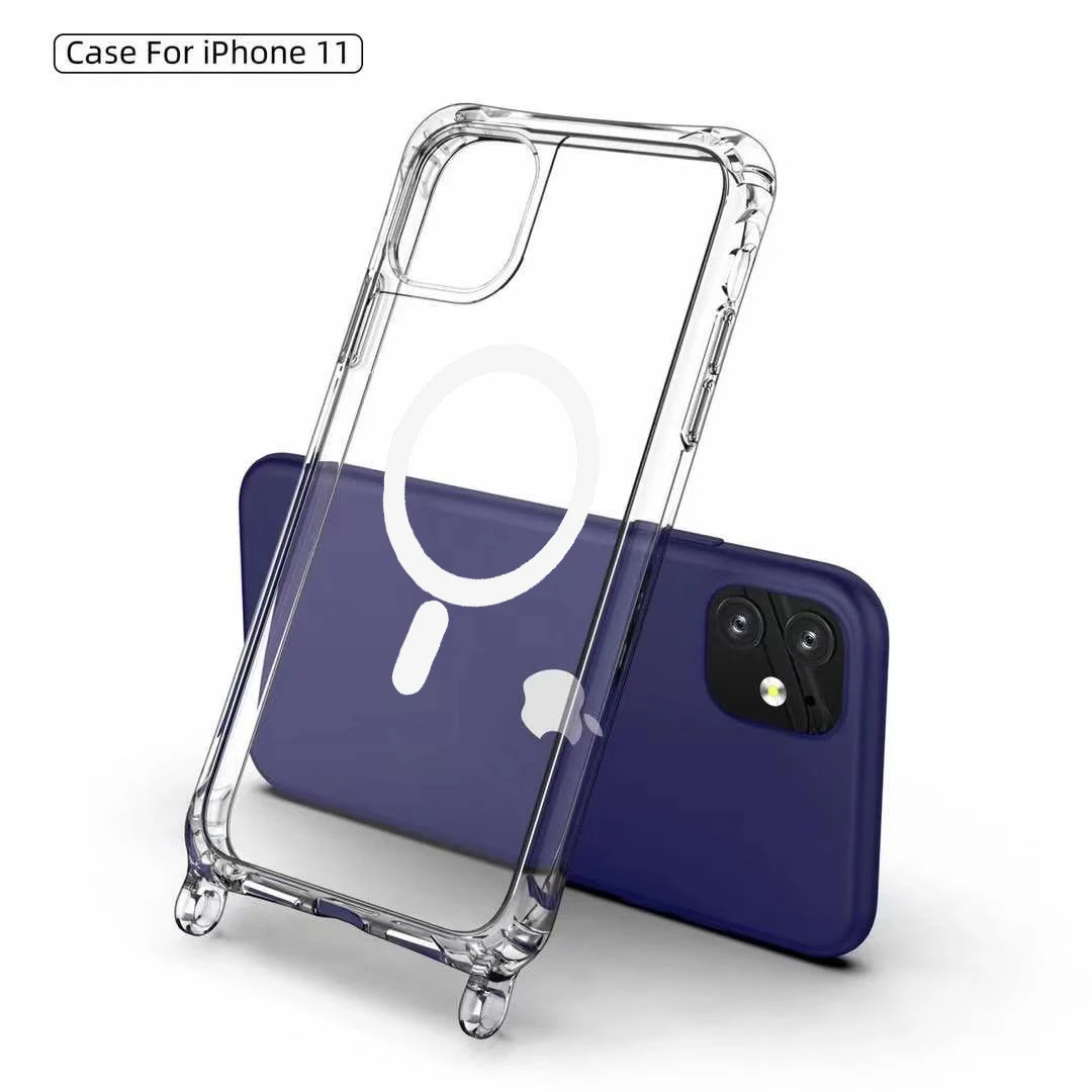 

Crossbody Lanyard Clear Magnetic Case For iPhone 15 Plus 14 13 12 Pro Max 15 For Magsafe Shockproof Acrylic Hard PC Back Cover