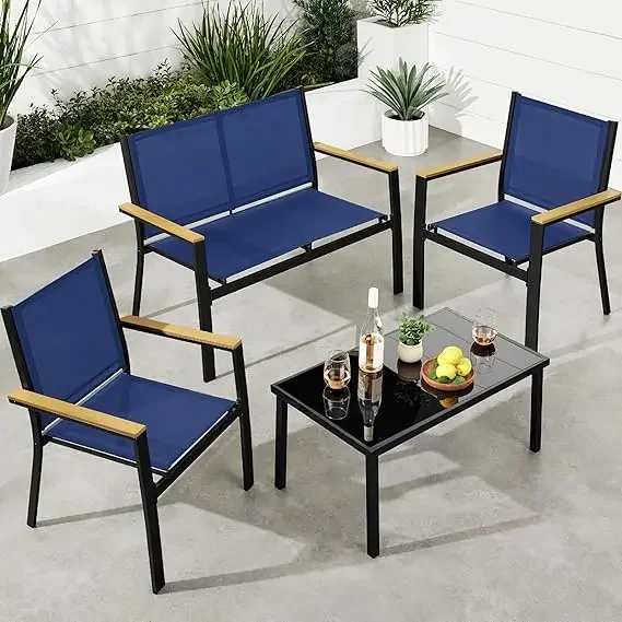Budget-friendly 4-piece outdoor textilene patio conversation set, backyard furniture w/loveseat, coffee table, steel frame - bla