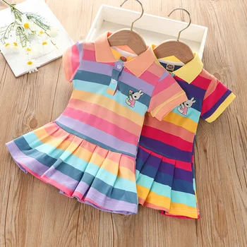 Vestito da Principessa per Bambine, Moda Estiva, Manica Corta con Ricamo Coniglietto e Strisce Arcobaleno