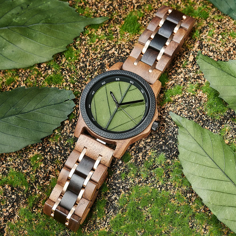 Men's Wood Watch with Genuine Leaf, BOBO BIRD Watch, Leaves Face Original Wooden Clock, Engraved Watch, Anniversary Custom Gift