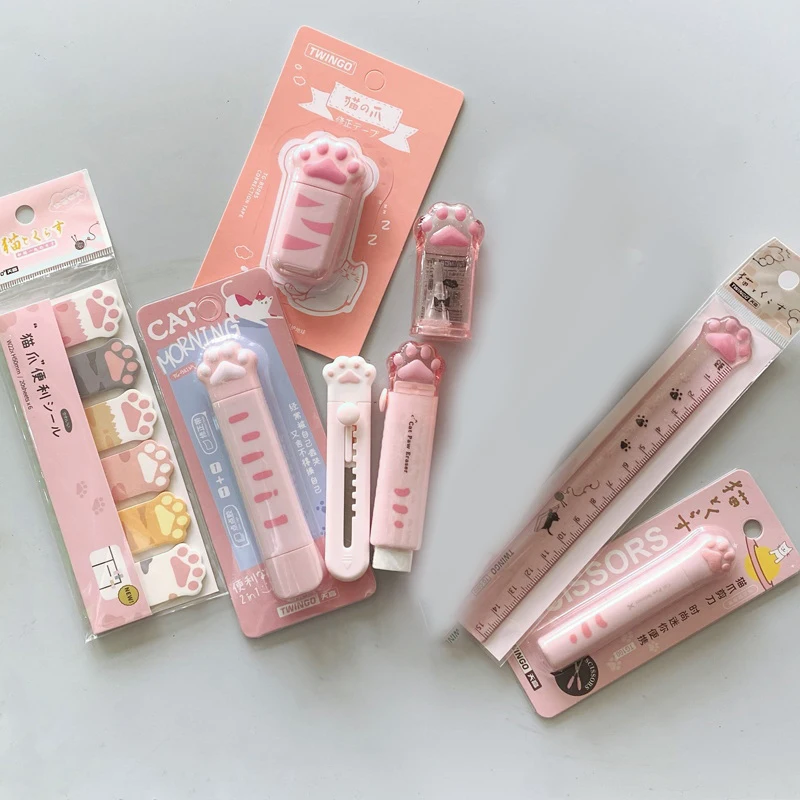 어린이 소녀 핑크 고양이 발 문구 세트, 젤 펜 교정 테이프, 메모 패드, 지우개 칼 세트, 학생 사무용품 도구, 8 개/세트
