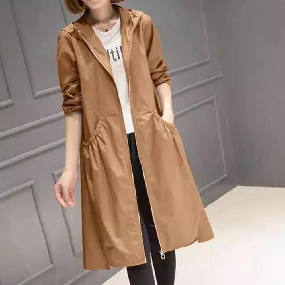 

Women Autumn Hooded Mid-length Windbreaker Zipper Placket Long Sleeve Pockets Solid Color Thin Trench Coat Streetwear 한국 가을옷