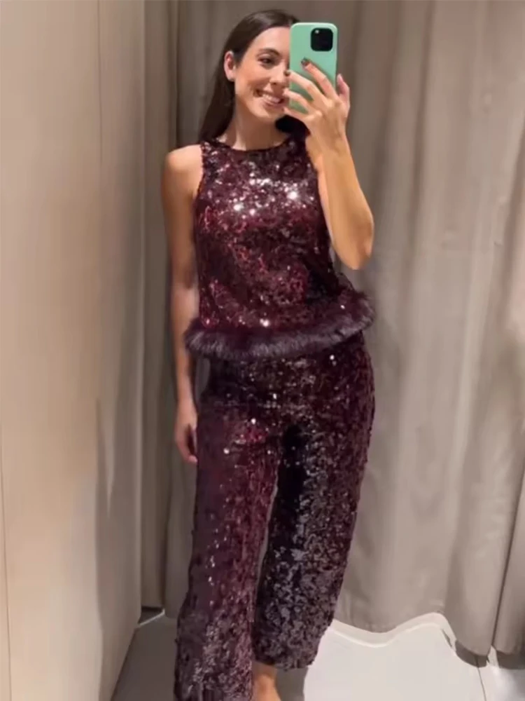 Chic Elegant Sequin Pants 2 Pieces Sets For Women Sequin Fur Vest Top Women's Suit 2026 New Year Party Woman Outfits ﻿