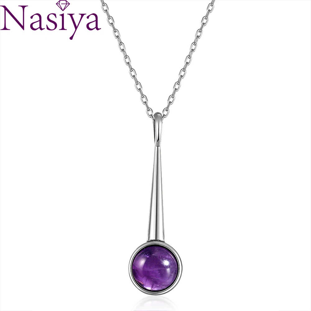 

New Listing Silver Chain Purple Pendant Necklace Large Round 10MM Amethyst Geometric Necklace Engagement Party Gift