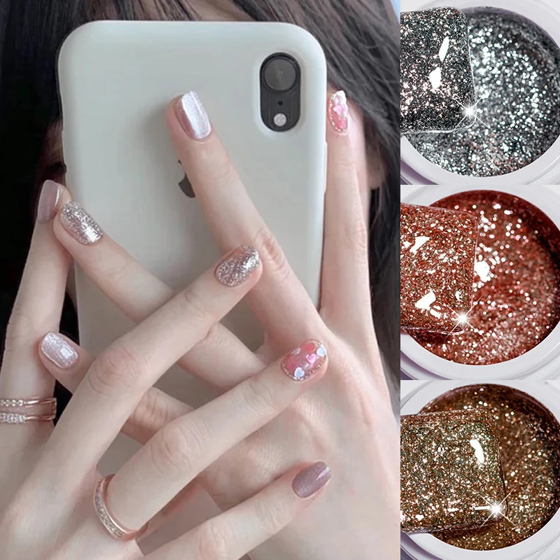 

5G Starry High Density Platinum UV Nail Gel Polish Bright Gold Silver Manicure Glitter Fine Diamonds Powder Lining Painting Gel