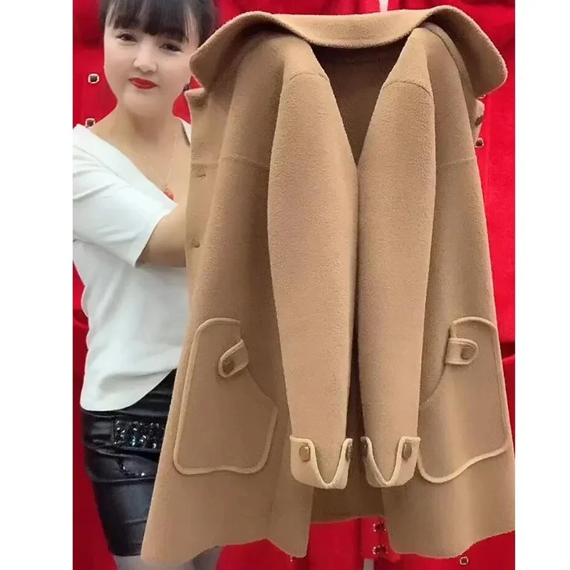 어머니 중간 길이 캐시미어 양면 울 코트, 한국 봄 중년 여성 니트 카디건, 모..