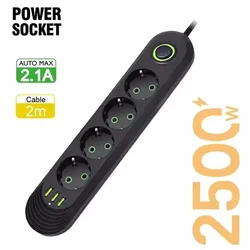 High - Power EU Plug Power Strip with USB Ports & 2m Extension Cord (4 AC Black)