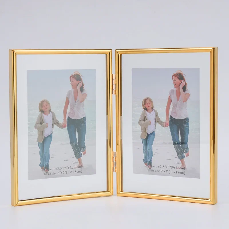 European Foldable Double Linked Picture Frame Metal Transparent Glass Photo Frame Wedding Certificate Display Wall Decoration