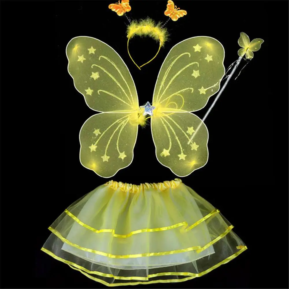 4Pcs Colorful Kids Girls Fairy Princess Costume Sets Stage Wear Butterfly Wings Wand Headband Tutu Skirts