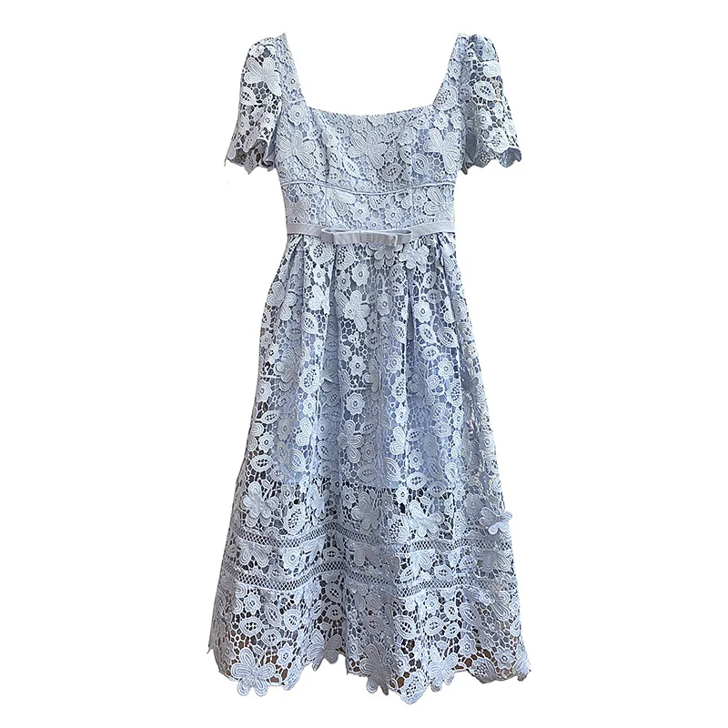 

High Quality Short Sleeve Flower Embroidery Women Lace Midi Dress Evening 2022 Summer Hollow Out Floral Dress Long Brand