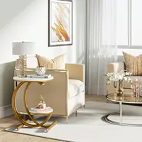 Table d'appoint, table d'appoint en faux marbre avec étagère de rangement à 2 niveaux, table d'appoint carrée moderne pour salon, chambre à coucher 4