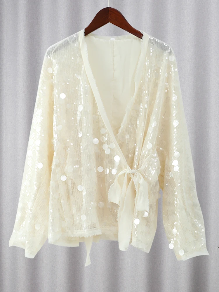 Fashion Lace Up Sequins Patchwork Coat Women Chic V Neck Long Sleeves Loose Jacket 2024 Autumn New Lady High Street Outerwears 5