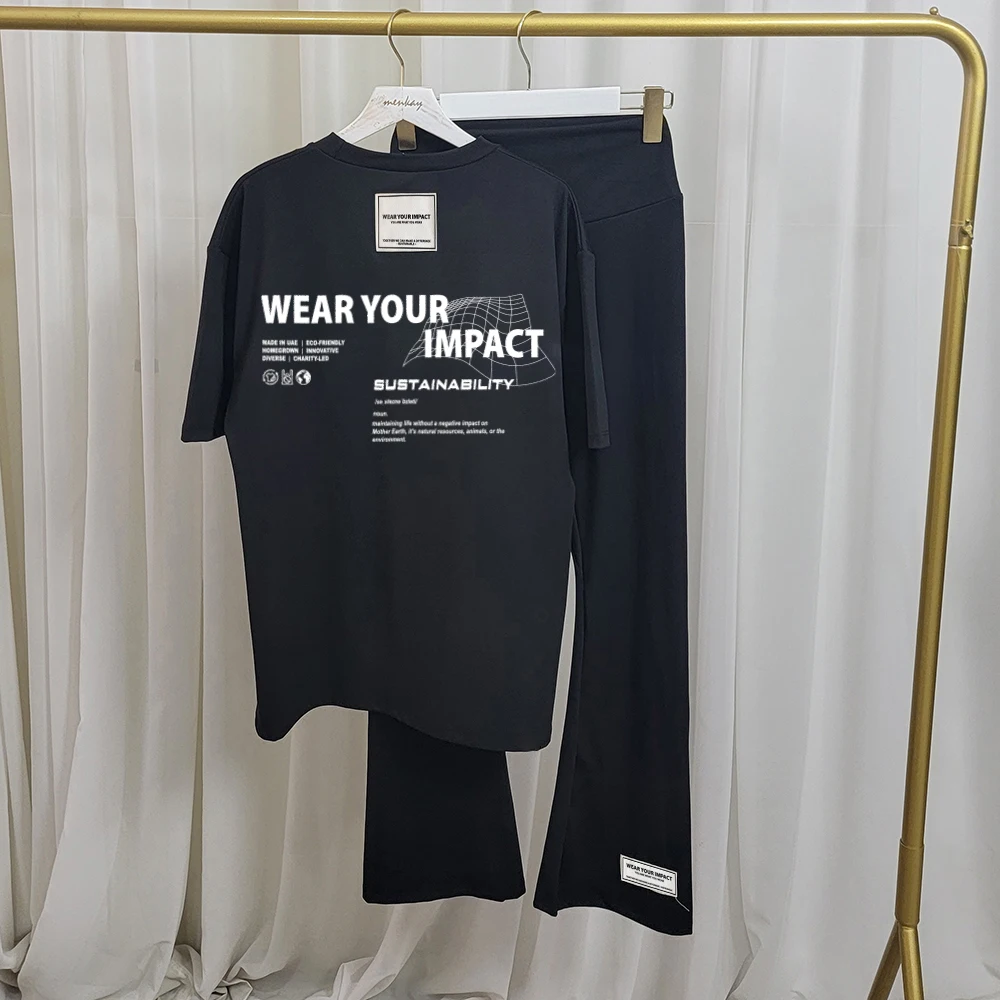 تي شيرت نسائي كبير الحجم برقبة دائرية وبنطال ضيق عالي الخصر ، أكمام قصيرة ، بنطال يوجا ، ملابس نسائية ، الصيف ، طقم 2