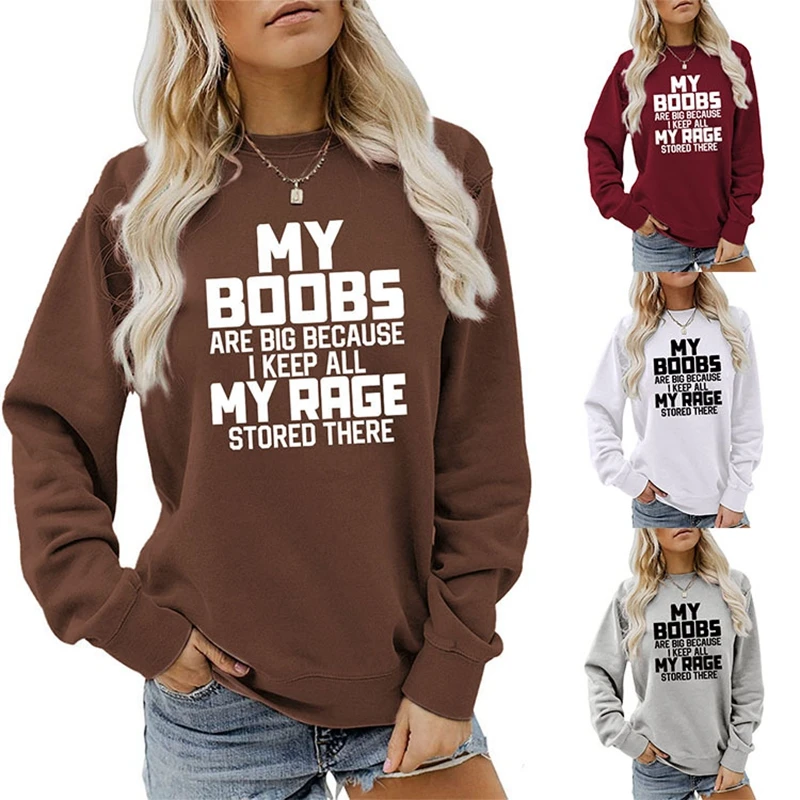 

new autumn and winter MY BOOBS ARE BIG BECAUSE casual retro round-necked lettering ladies long-sleeved loose sweater