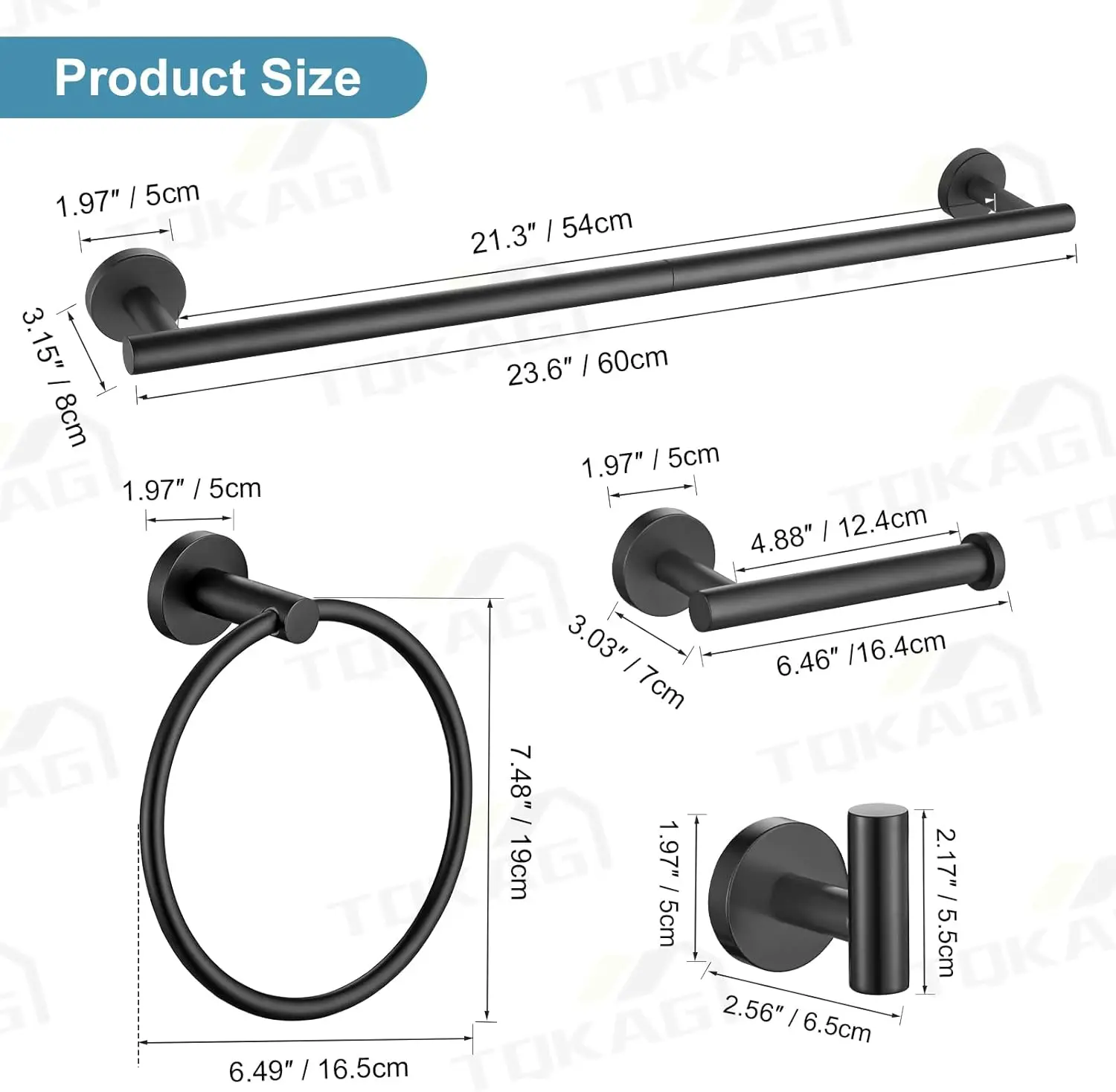 Matte Black Bathroom Hardware Set. 10-Pieces. SUS304 Stainless Steel. 23.6" Round Towel Bar, Racks. Wall Mounted.