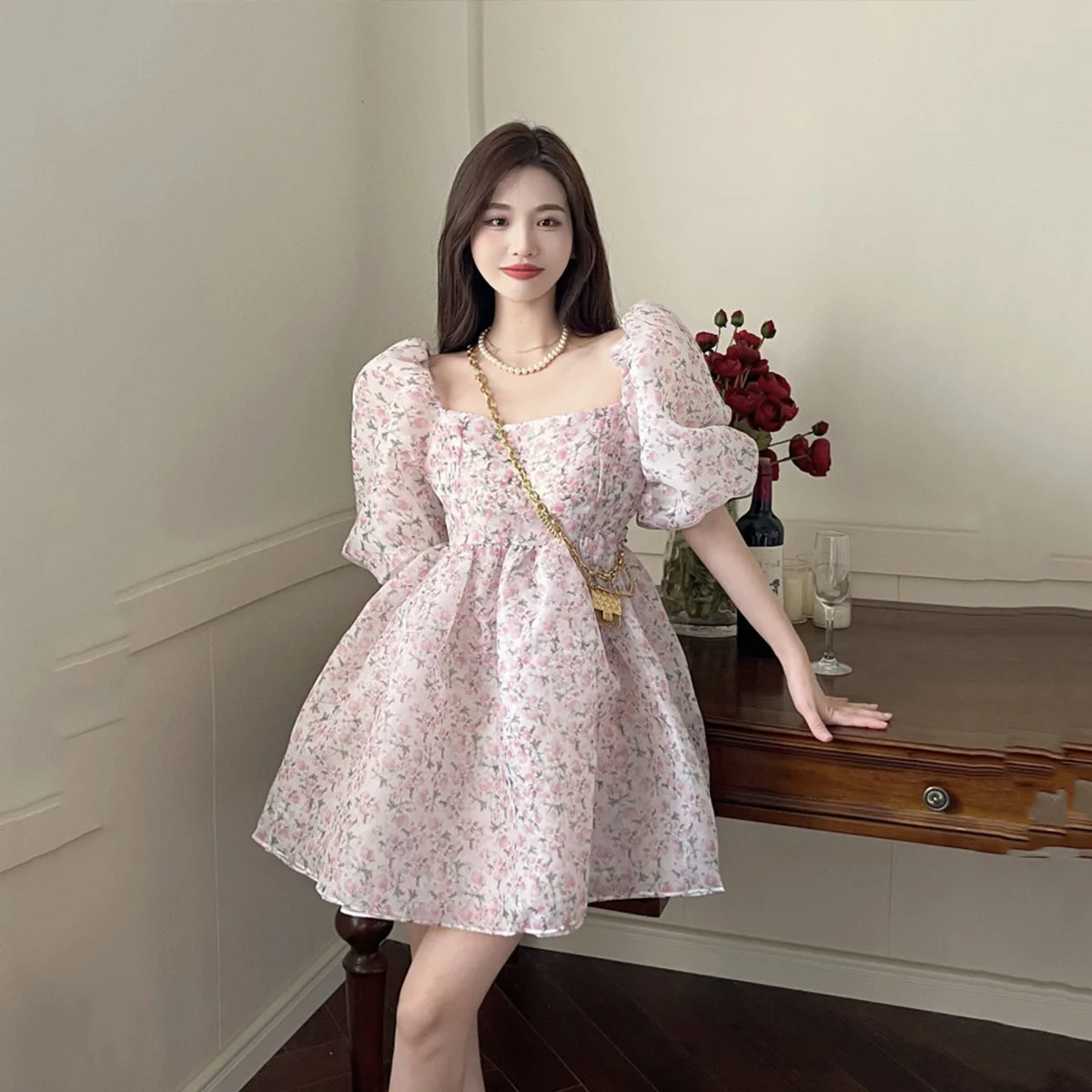 

Sexy Square Neck Puff Sleeve Holiday Party Dress Summer Women Both-Sides Wear Floral Print Chiffon Organza Dress Short Vestido