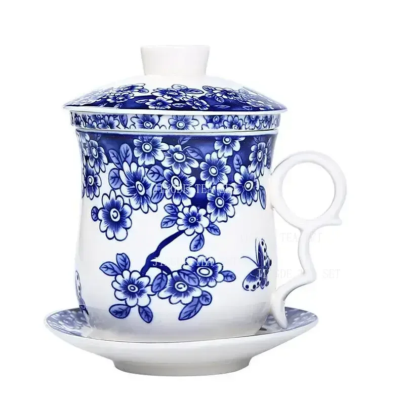 4-piece Tea Cup Set Personal Tea Cup Ceramic Inner Filter with Lid Water Cup Blue and White Porcelain Office Conference Cups