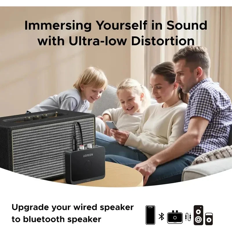 새로운 UGREEN 블루투스 6.0 수신기 LDAC 고해상도 무선 오디오 어댑터 저지연 3.5mm AUX RCA (구형 스피커 스테레오용)