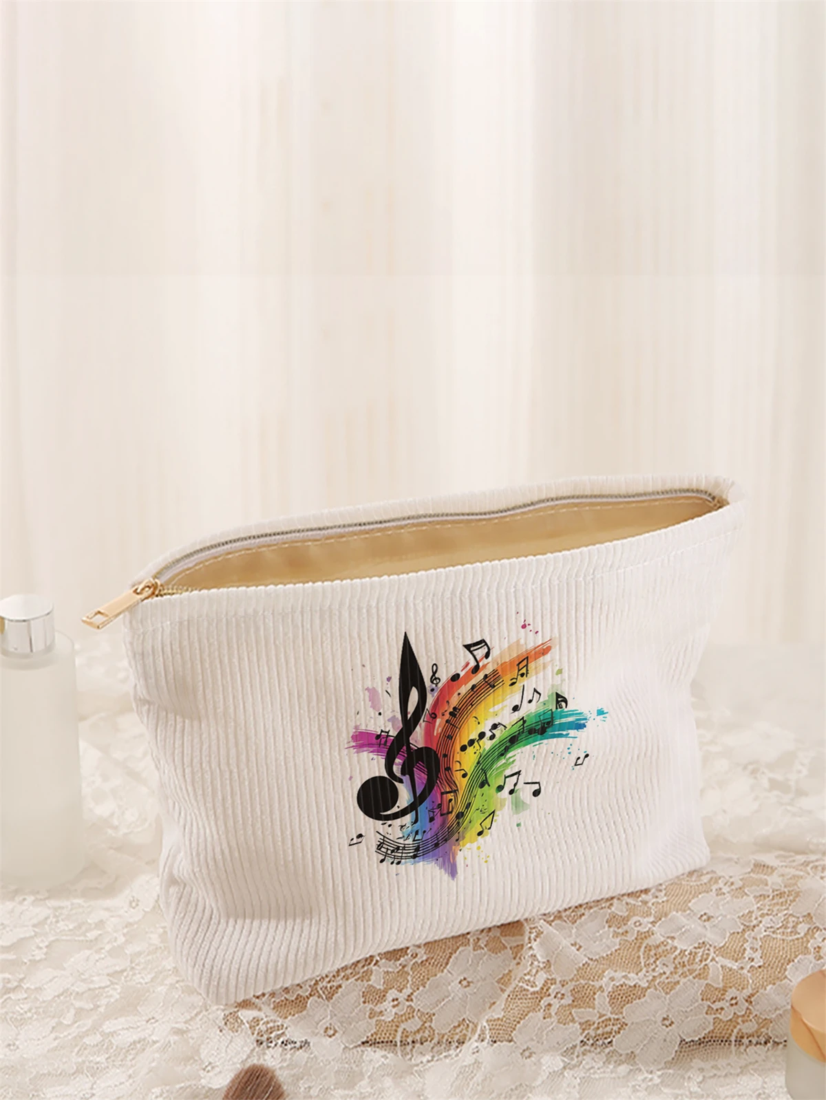 1 note patterned corduroy makeup bag, lightweight zipper makeup storage box, multifunctional bag with lining