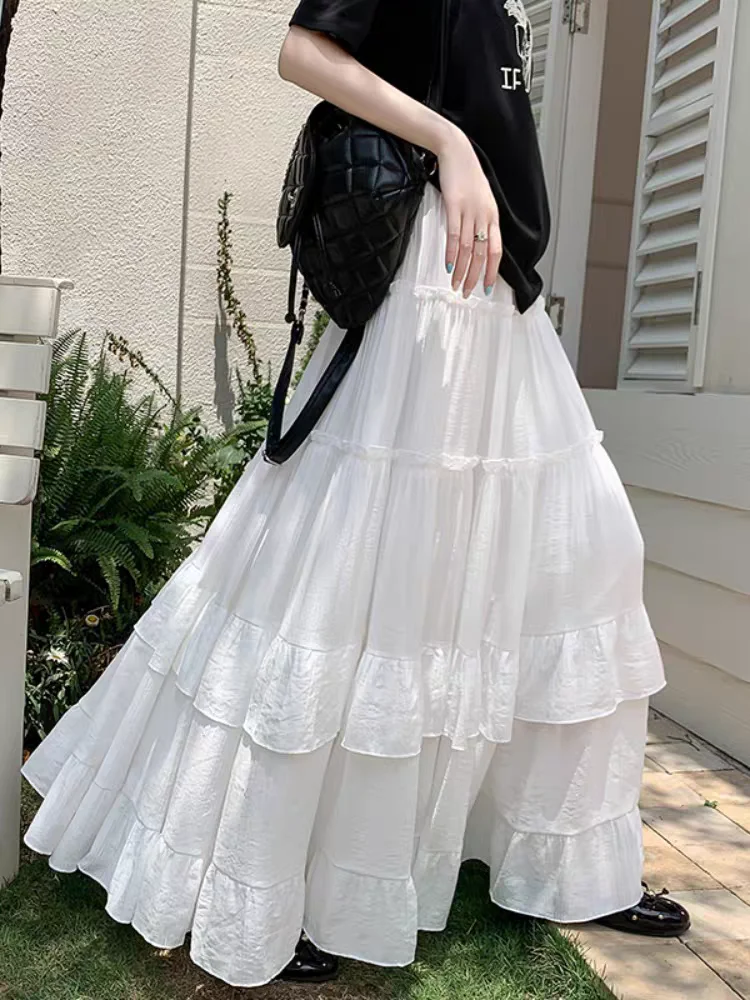 White Tiered Ruffle Hem Skirt 2025 - High Waist Flowy A-Line Maxi
