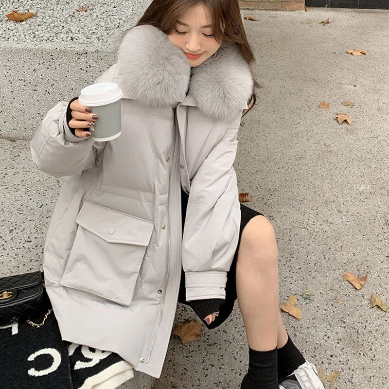 

Female Overcoat 2023 Winter Warm Hooded Fashion High Quality Fox Fur Collar Women Down Jacket Tooling Women Down Jacket Y190