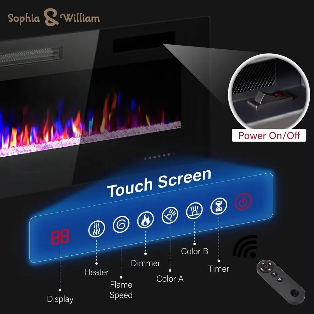 Electric Fireplace 72 Inch Wall Mounted & Recessed, Ultrathin 3.86" Electric Heater with Remote Control Touch Screen, Fireplace 4