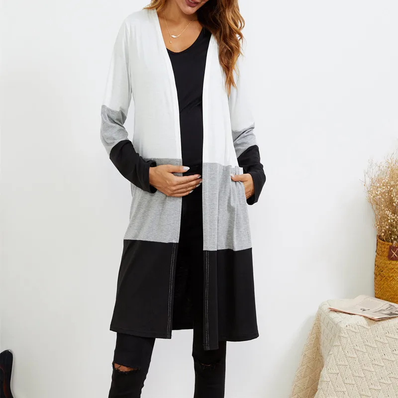 Autumn Winter Casual Striped Knitted Maternity Long Casual Coat Oversize Loose Straight Clothes for Pregnant Women Pregnancy