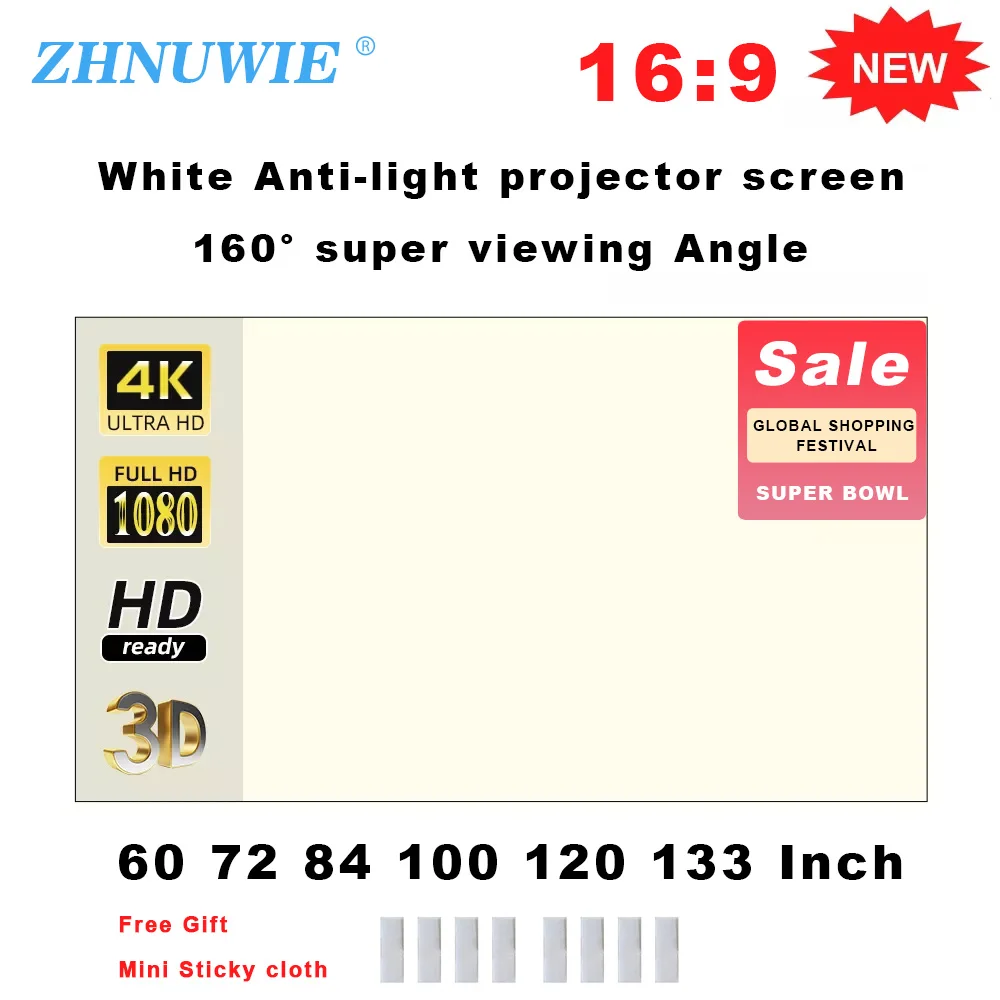 ZHNUWIE-Écran de projection portable pour la maison, grille blanche, grille anti-lumière, grille de coulée, 72 po, 84 po, 100 po, 120 po, 133 po, 16:9