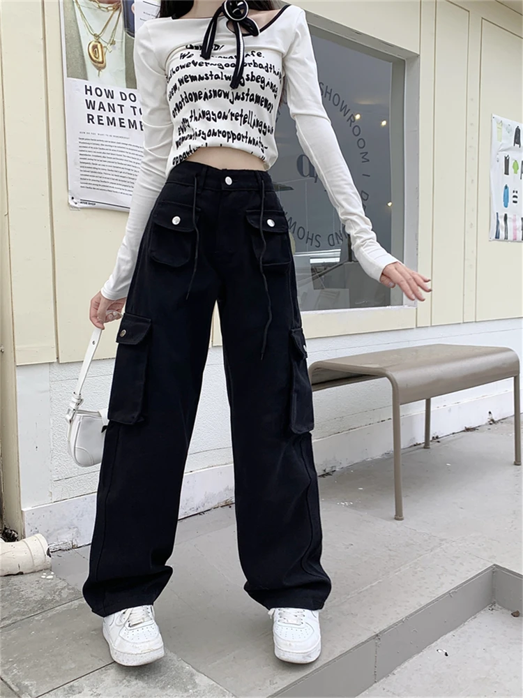 

Women's Multi Pocket Design Cargo Jeans Fashion Cool American Casual High Waist Straight Trousers Female Vintage Wide Leg Pants