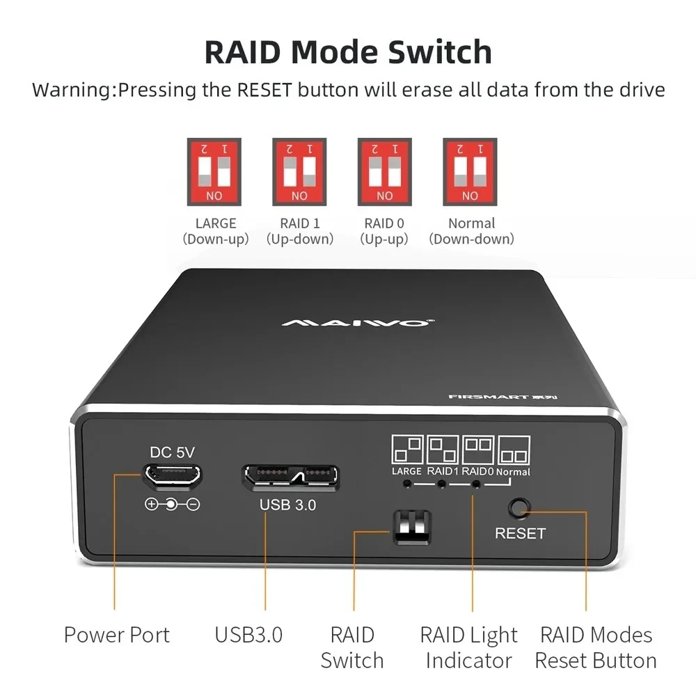 MAIWO 듀얼 베이 2.5인치 SATA SSD/HDD RAID 인클로저 케이스 (4개의 RAID 기능 포함, 2.5인치 SSD HDD 박스 하드 디스크 어레이 박스용)