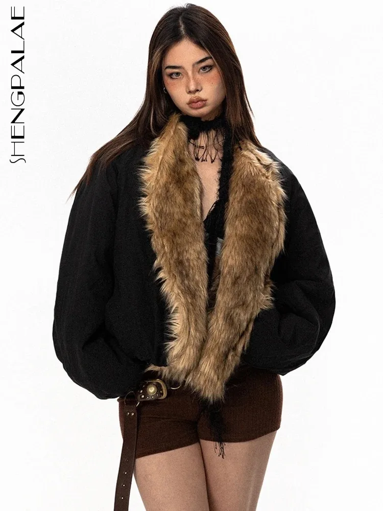 

SHENGPALAE Fashion Women's Fur Collar Thicken Coat Vintage Loose Plush Spliced Padded Jacket Winter Warm Outwear 2023 New 5R8546