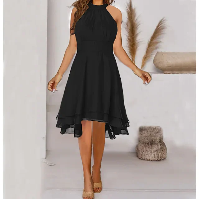 

Women's Wedding Guest Dress A Line Dress Knee Length Dress Sleeveless Pure Color Cold Shoulder Summer Elegant Classic