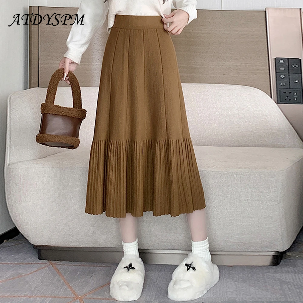 

2023 Autumn Winter New Thick A-Line Knitted Skirts Women Elastic Waist Loose Umbrella Skirt Elegant Ruffles Casual Pleated Skirt