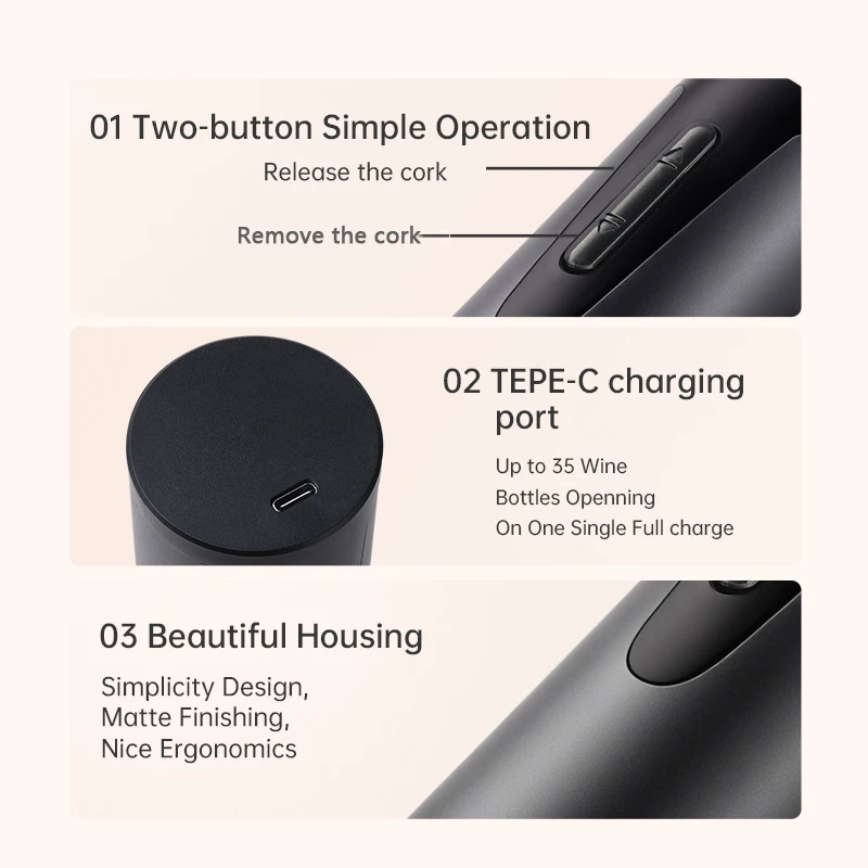 Portable Electric Wine Bottle Opener 35mm Diameter Type-C Rechargeable Automatic Wine Bottle Cork Screw Tool Kitchen Appliance