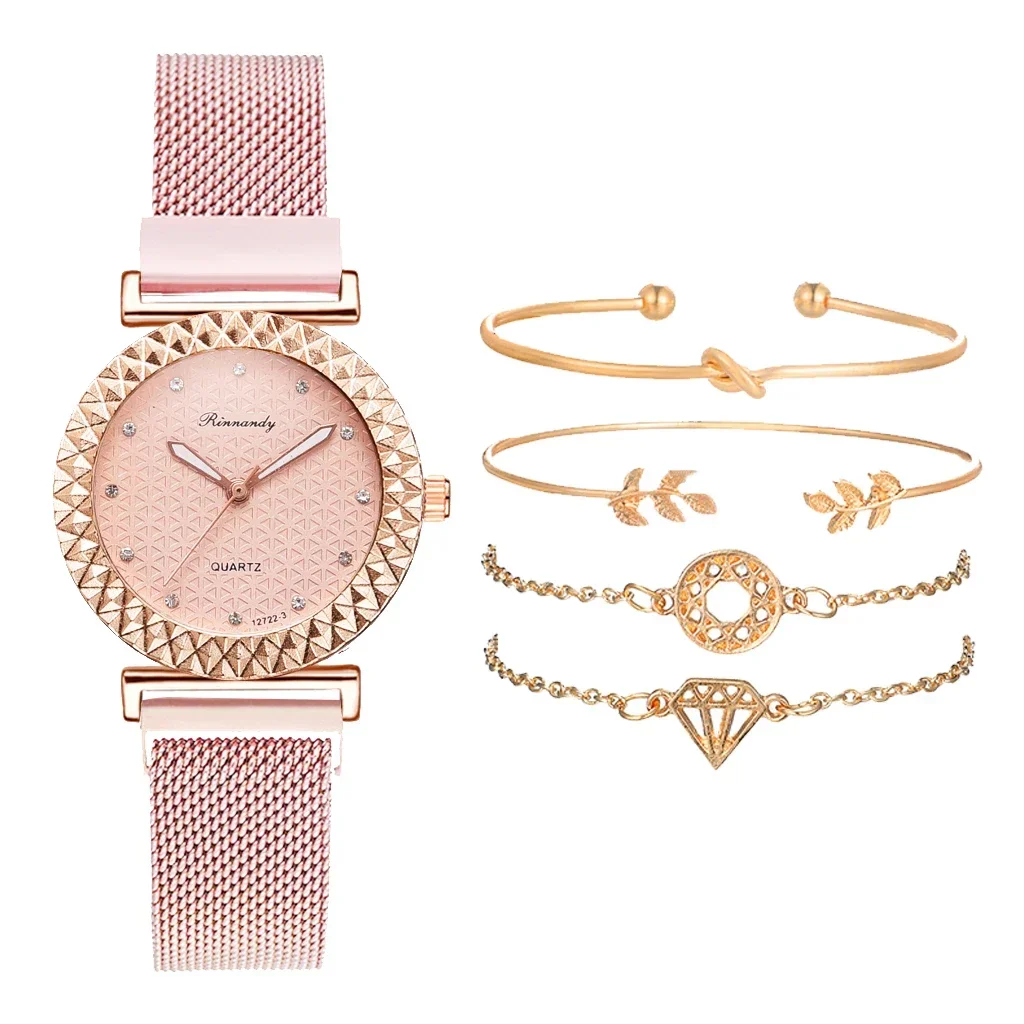 

Luxury 5pcs Set Bracelet Watch Women Elegant Magnet Diamond Ladies Quartz Wrist Watch Dress Pink Clock Reloj Mujer Dropshipping