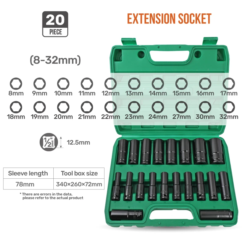 �Apollo 1/2" Deep Impact Socket Set 8-32mm - 6-Point Hex 10-20 pcs/set Metric Sizes Carbon Steel with Hard Storage Box Hand Tool