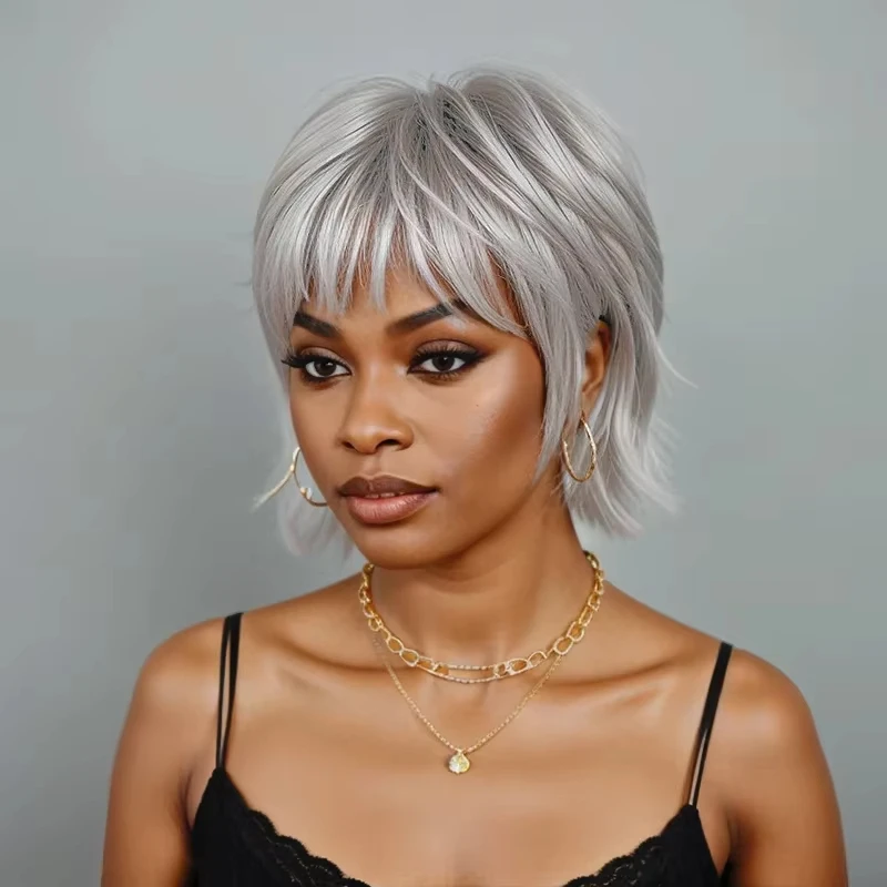 Silver Short Wig Layered Mullet Pixie Cut Wavy Wigs 100% Human Hair