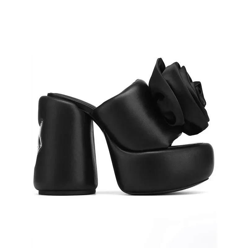 Summer New Round Head Thick Sole Thick Heel Bread Slippers with European and American Style Flower Super High Heel Slippers