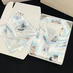 Kawaii Youth Girl's Cute Cat Print Satin Pajama Set - Silk Summer Homewear - M  40 - 50kg (WLW - 8233)