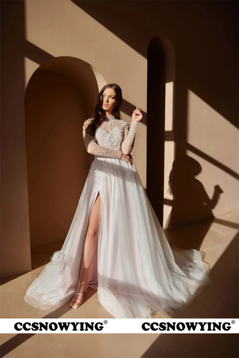 

Tulle Appliques Wedding Dresses for Bride Long Sleeve High Split Wedding Bridal Gowns vestido de noiva