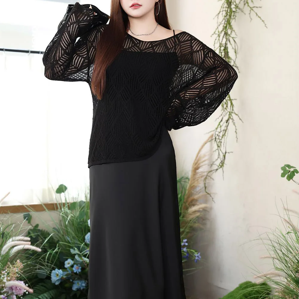 Plus Size Women's Cover-Up Premium French Casual Hollow Knit Outside With Smock Loose Autumn 2025