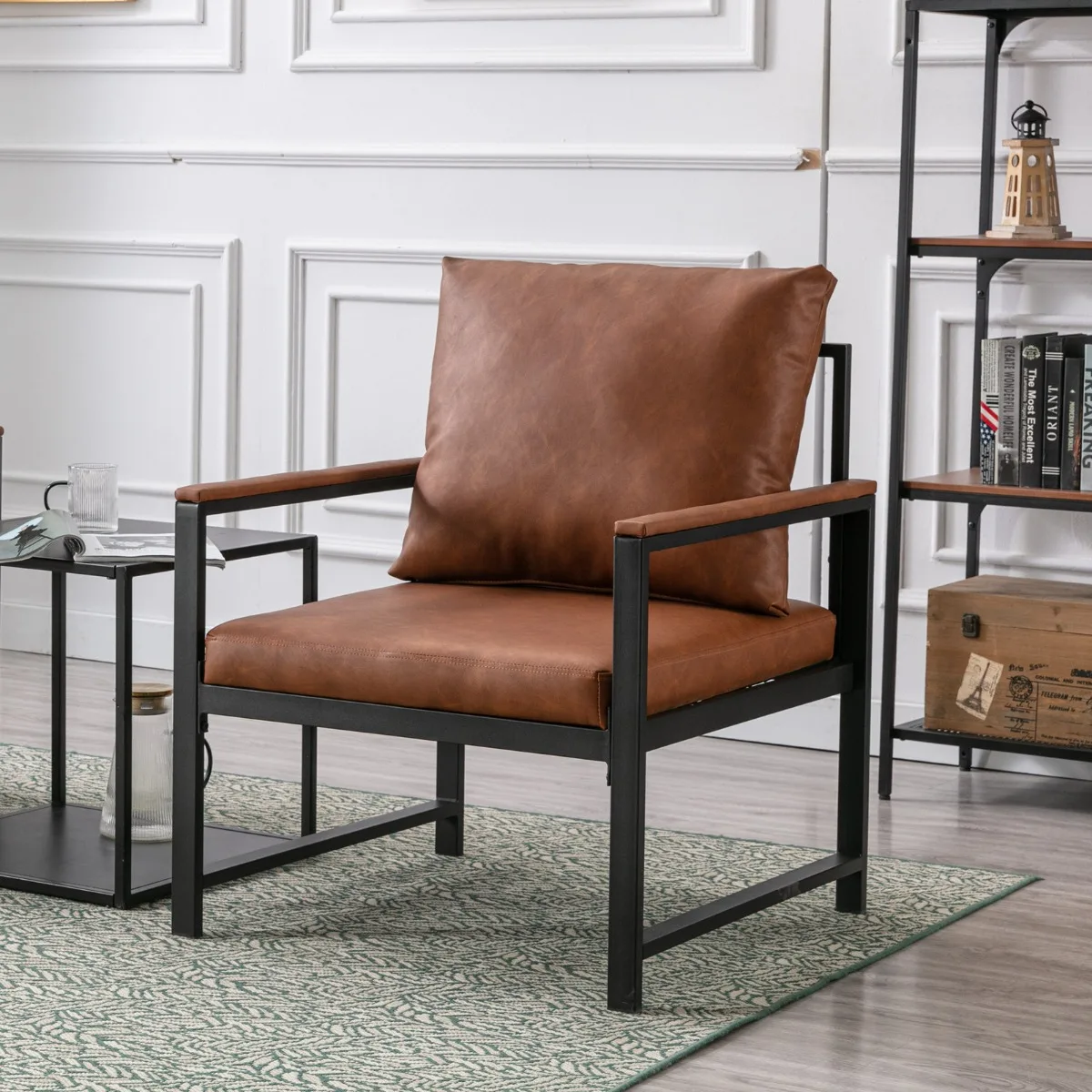 

Living Room Bedroom Office Furniture, Modern Faux Leather Accent Chair, Leisure Armchair with Metal Frame, Single Sofa Chair