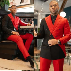 Red Men's Suit 2 Pieces Blazer Pants Double Breasted Peaked Lapel Spliced Business Slim Fit Formal Wedding Groom Costume Homme