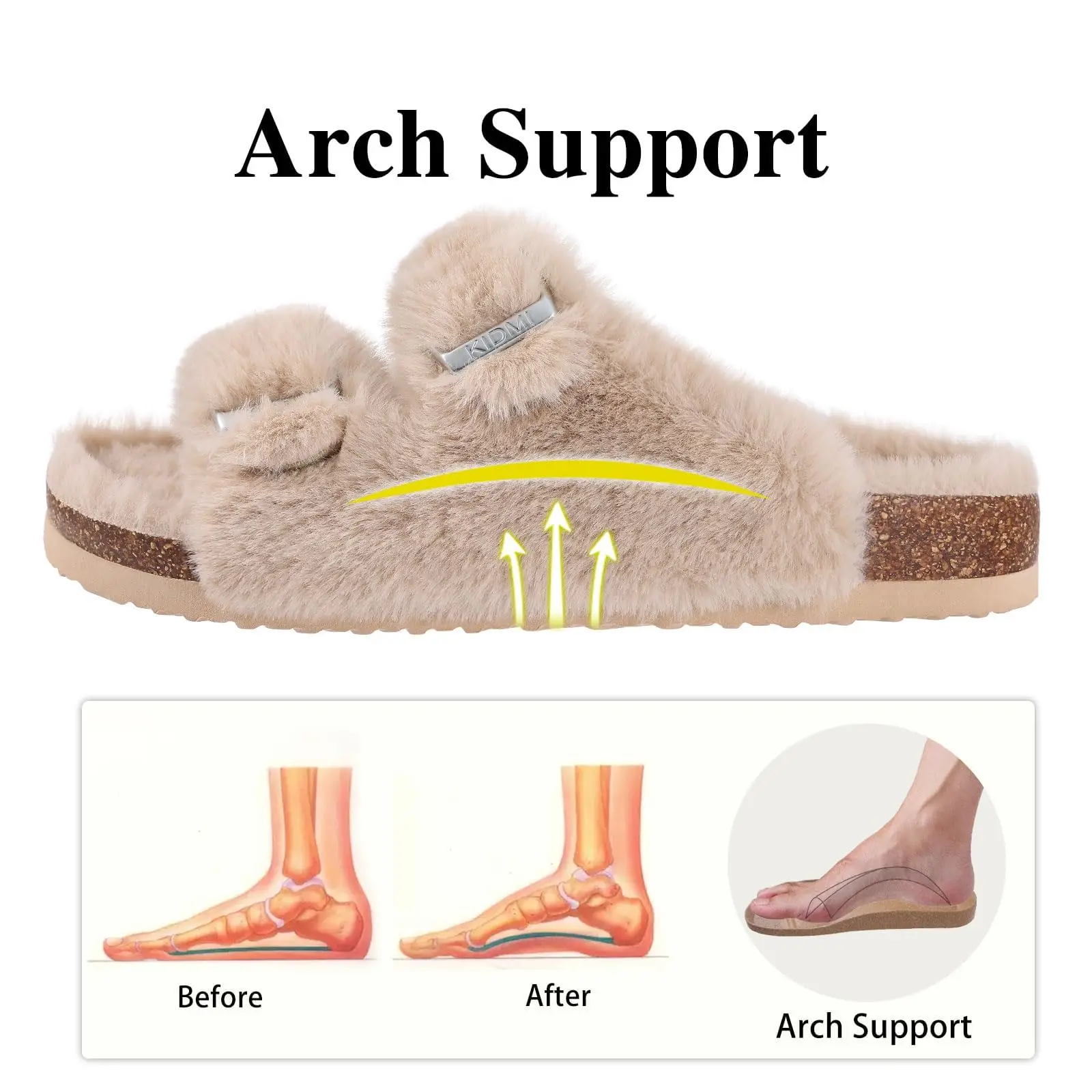Comwarm Winter Flauschige Damen-Hausschuhe mit Fußgewölbeunterstützung, offene Zehenpartie, Kork-Hausschuhe, pelzige Damen-Sandalen mit verstellbarer Schnalle – Detail 17