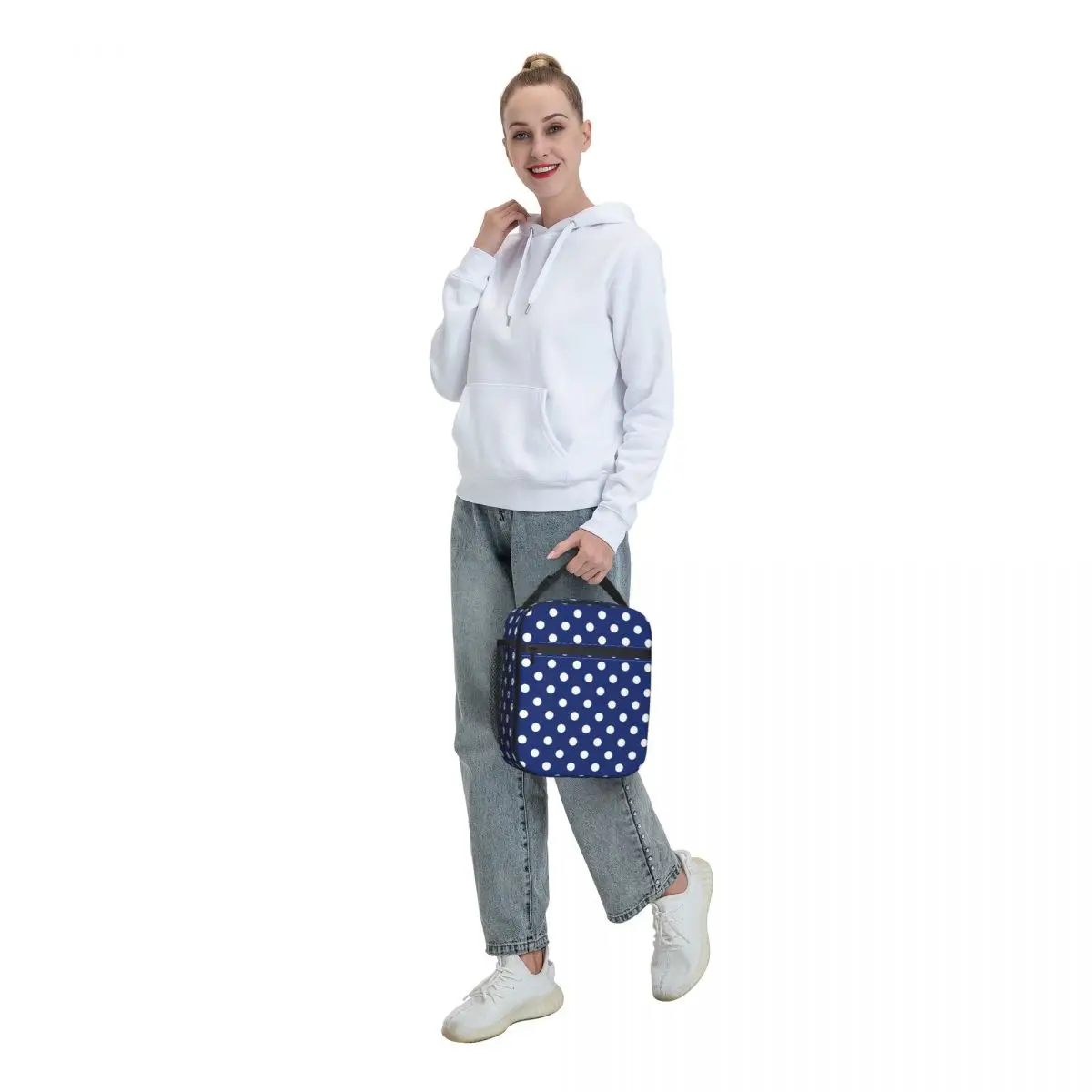 White Polka Dots Navy Blue Seamless Pattern Insulated Lunch Bag Waterproof Cooler Thermal Lunch Tote Beach Camping Travel