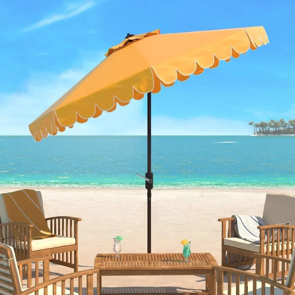 Outdoor Garden Parasol Collection Venice Navy and White Single Scallop 9Ft Crank Outdoor Push Button Tilt Umbrella Canopy 6
